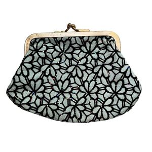 Vintage coin purse gold clasp floral black velvet design sparkles 5” x 3.5”